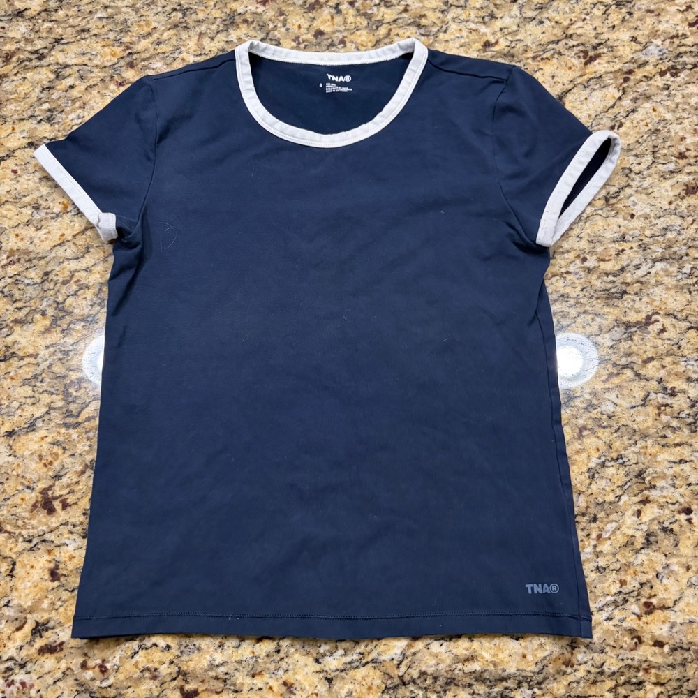 TNA Aritzia Navy Blue Ringer T-Shirt Short Sleeve White Trim Logo Size S ws